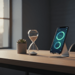 Persona organizando sus finanzas personales y presupuesto mensual mediante aplicaciones móviles en un escritorio moderno y ordenado.