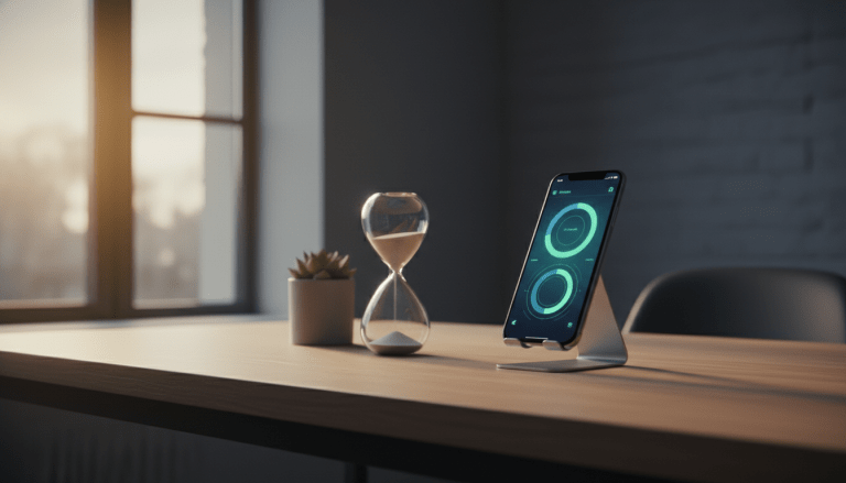 Persona organizando sus finanzas personales y presupuesto mensual mediante aplicaciones móviles en un escritorio moderno y ordenado.