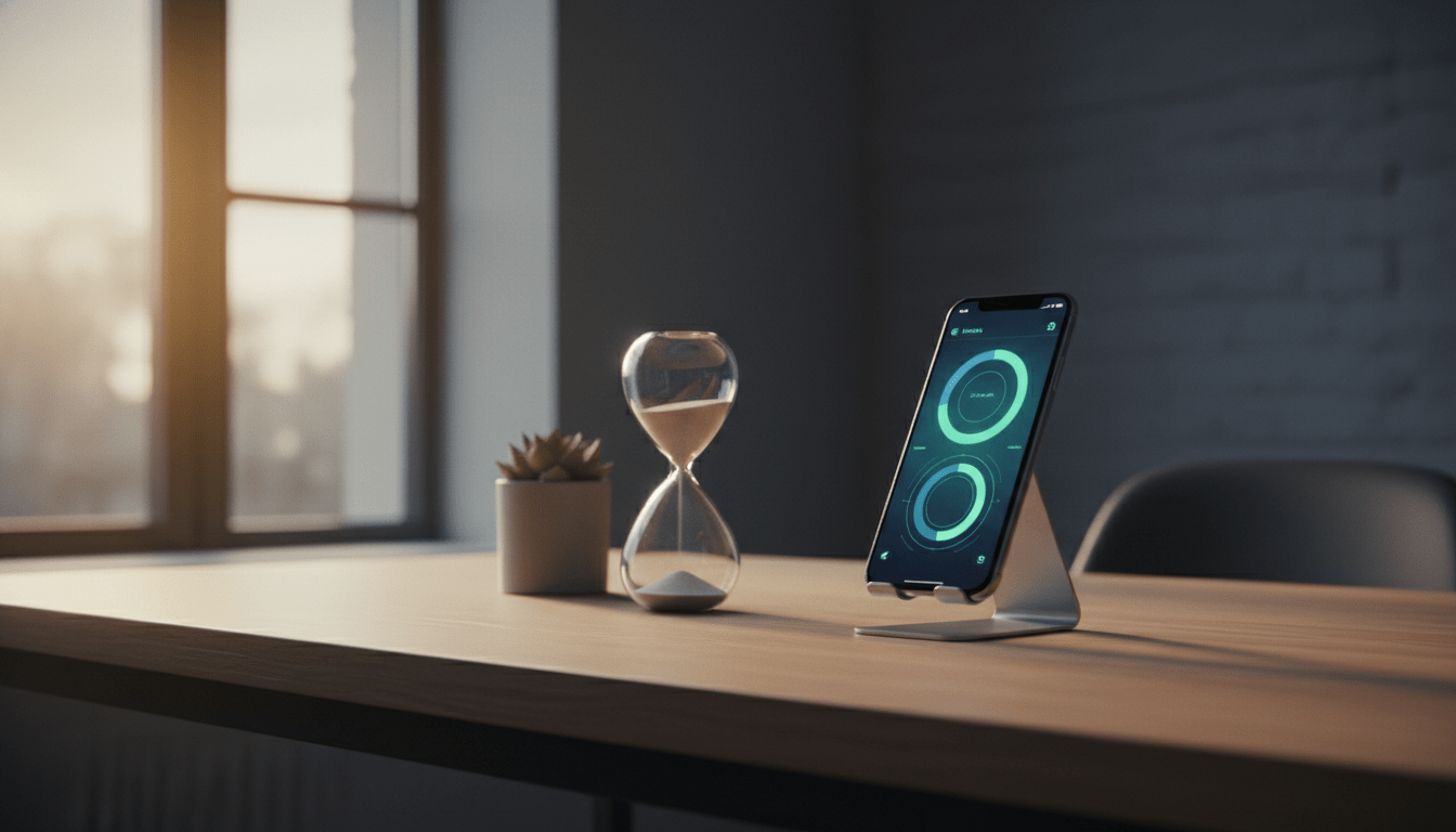 Persona organizando sus finanzas personales y presupuesto mensual mediante aplicaciones móviles en un escritorio moderno y ordenado.