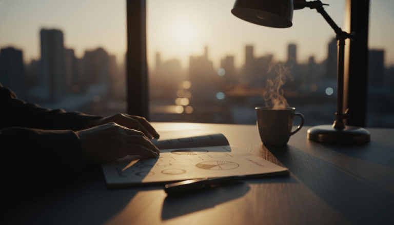 Persona planificando finanzas personales en una libreta sobre escritorio de madera con iluminación cálida.