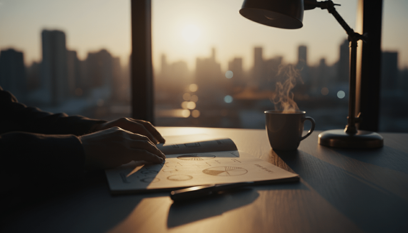 Persona planificando finanzas personales en una libreta sobre escritorio de madera con iluminación cálida.