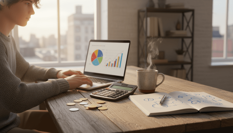 Estudiante universitario analizando su presupuesto mensual y gastos en un escritorio con laptop y calculadora, representando la educación financiera.