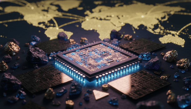 Primer plano de un procesador de smartphone y minerales de tierras raras sobre un fondo tecnológico global, simbolizando la guerra comercial de semiconductores.