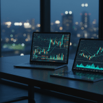 Escritorio moderno con herramientas digitales de análisis de acciones y gráficos financieros en pantallas para inversores individuales.