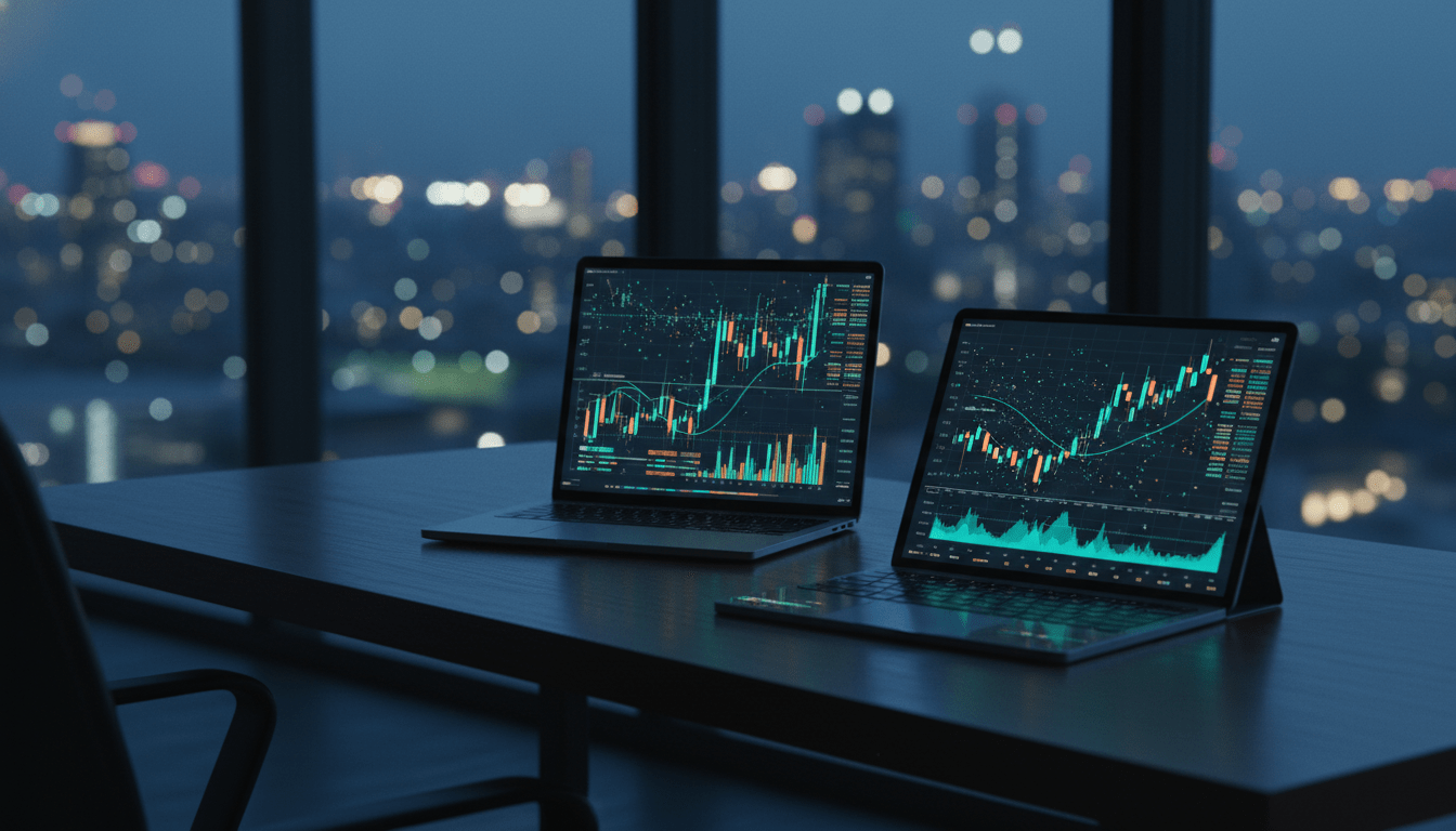 Escritorio moderno con herramientas digitales de análisis de acciones y gráficos financieros en pantallas para inversores individuales.