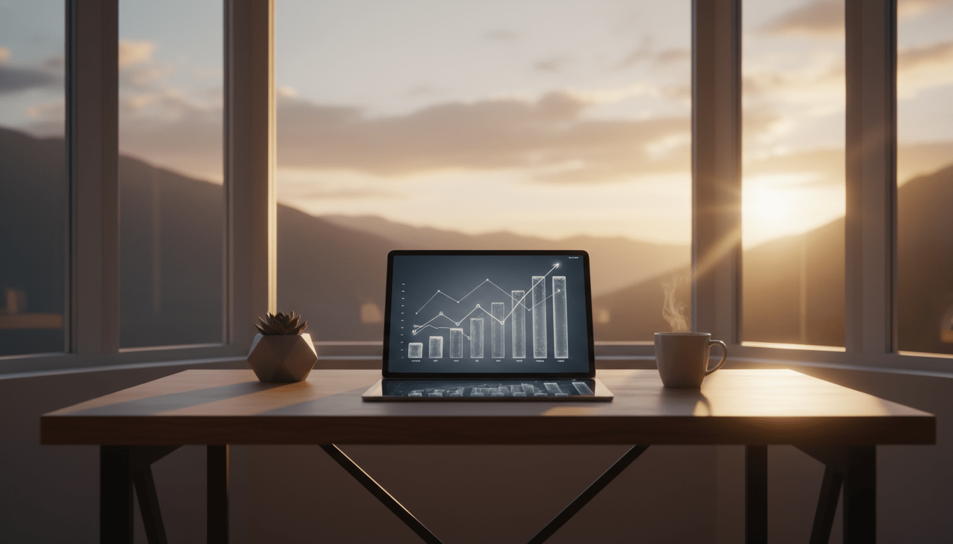 Gráficos de crecimiento financiero en una tableta sobre un escritorio moderno con vistas a la naturaleza, representando la libertad financiera.