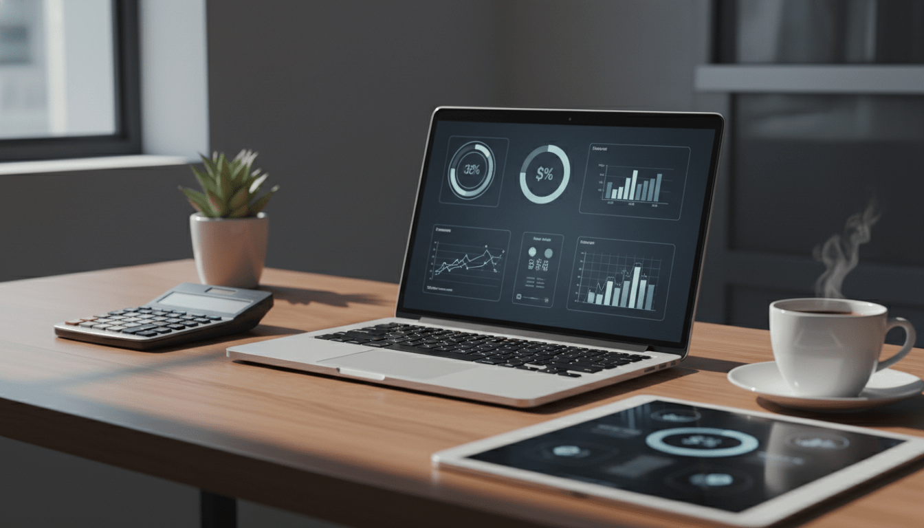 Herramientas digitales modernas y dispositivos tecnológicos para la declaración de impuestos 2025 sobre escritorio de oficina.