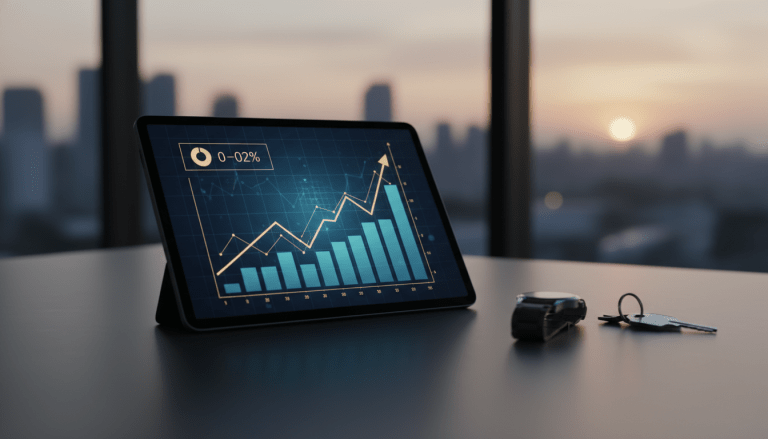 Gráficos de crecimiento financiero y herramientas de gestión de patrimonio neto en una tableta sobre escritorio de lujo.