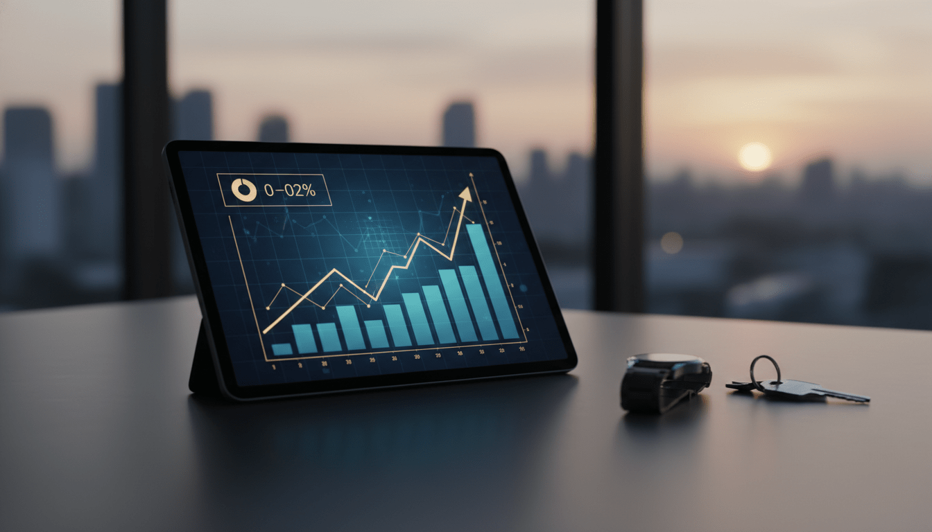 Gráficos de crecimiento financiero y herramientas de gestión de patrimonio neto en una tableta sobre escritorio de lujo.