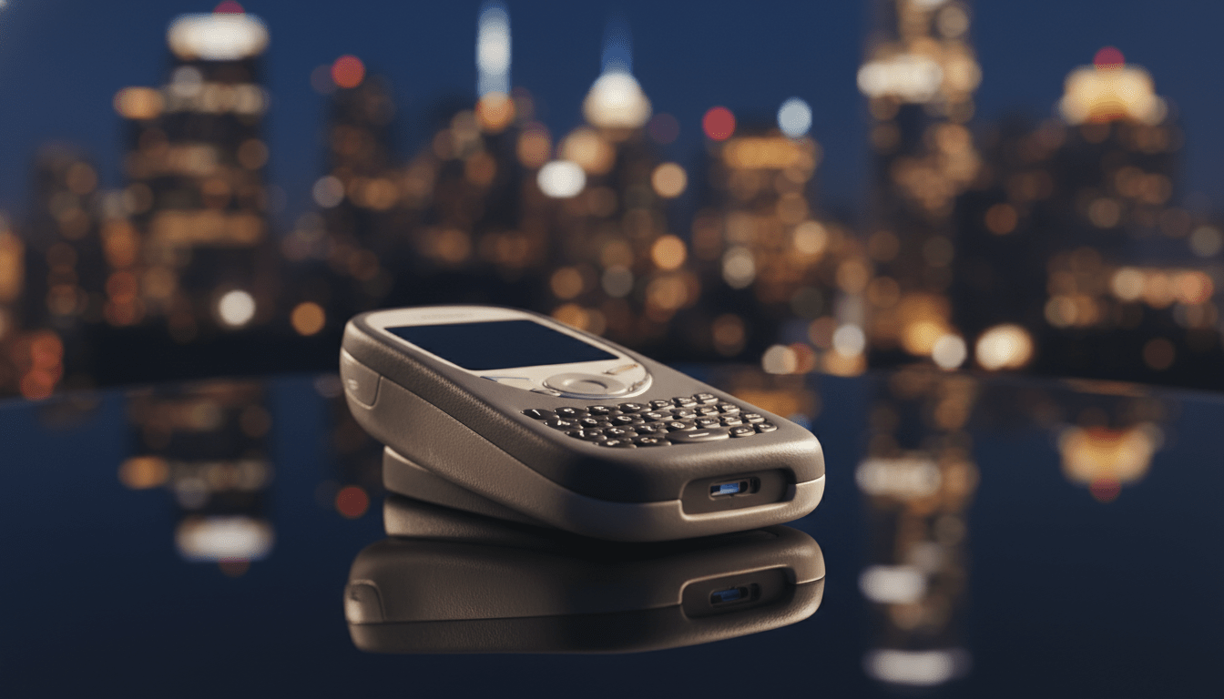 Primer plano de un teléfono móvil clásico resistente sobre superficie reflectante con fondo urbano desenfocado, simbolizando la era dorada de la tecnología finlandesa.