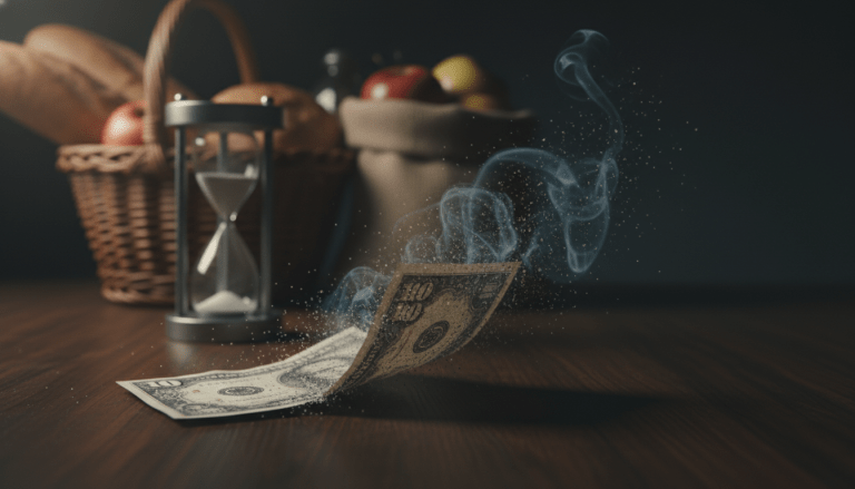 Metáfora visual de la inflación mostrando un billete que se desvanece y una cesta de la compra al fondo, representando la pérdida de poder adquisitivo.