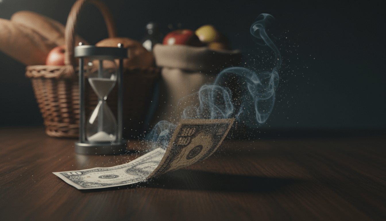 Metáfora visual de la inflación mostrando un billete que se desvanece y una cesta de la compra al fondo, representando la pérdida de poder adquisitivo.