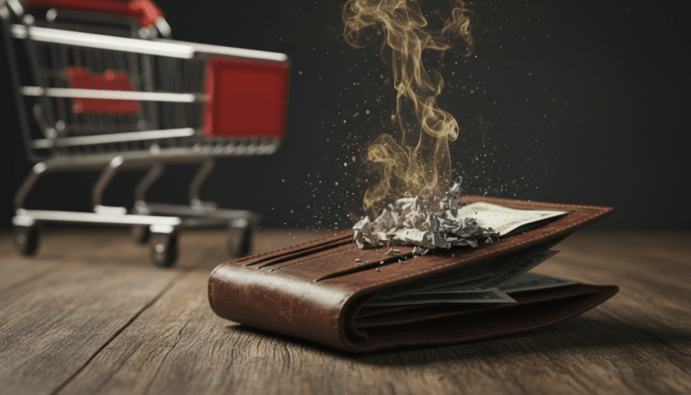 Concepto visual de la inflación mostrando billetes desvaneciéndose como humo en una cartera de cuero, simbolizando la pérdida de poder adquisitivo y ahorros.