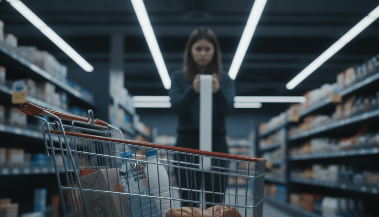 Persona preocupada revisando gastos en supermercado con carrito casi vacío, representación visual de la inflación y pérdida de poder adquisitivo en 2025.
