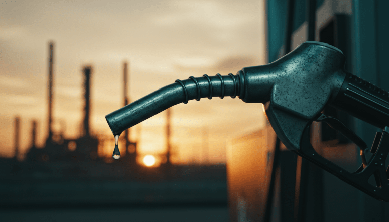 Primer plano de boquilla de gasolina con refinería al fondo simbolizando el control de la OPEP sobre el precio del petróleo.