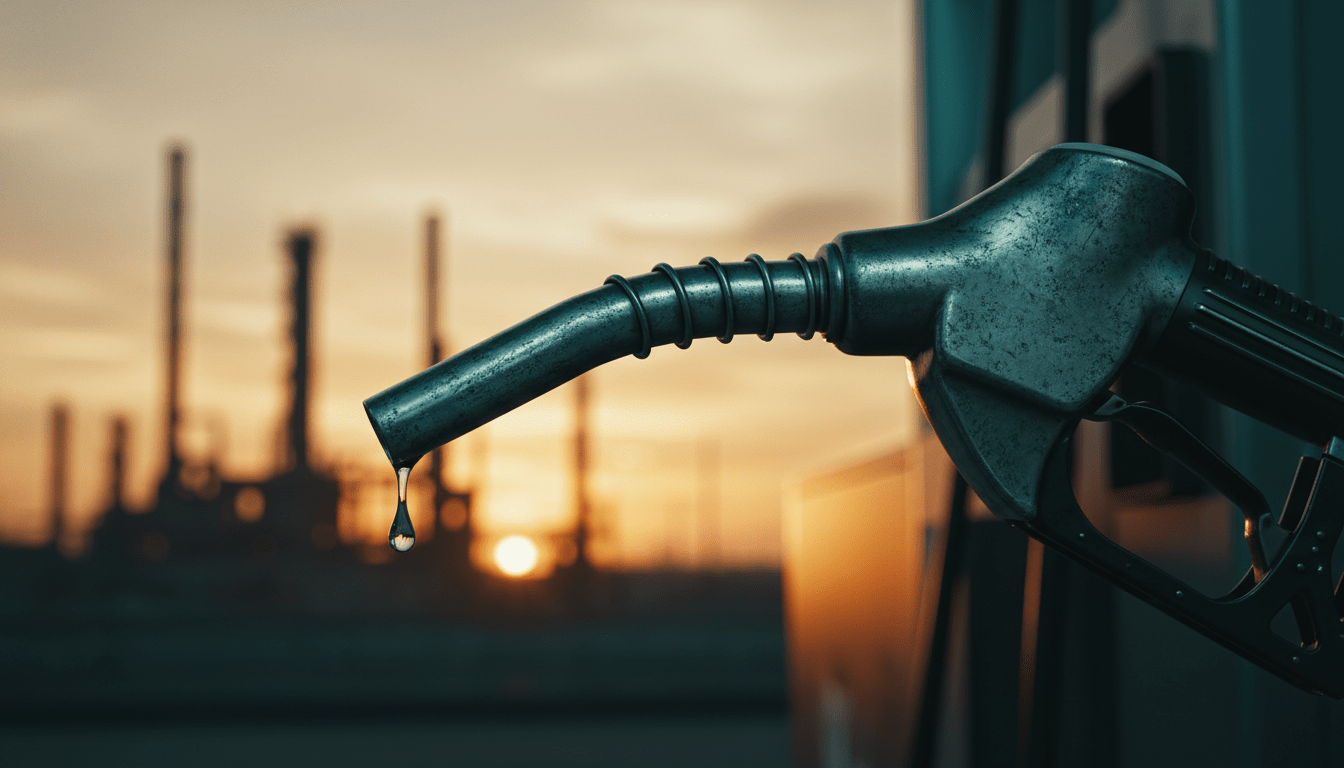 Primer plano de boquilla de gasolina con refinería al fondo simbolizando el control de la OPEP sobre el precio del petróleo.