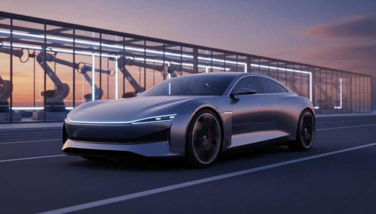 Coche eléctrico de alta gama circulando por asfalto moderno representando la innovación tecnológica y disrupción de Tesla.