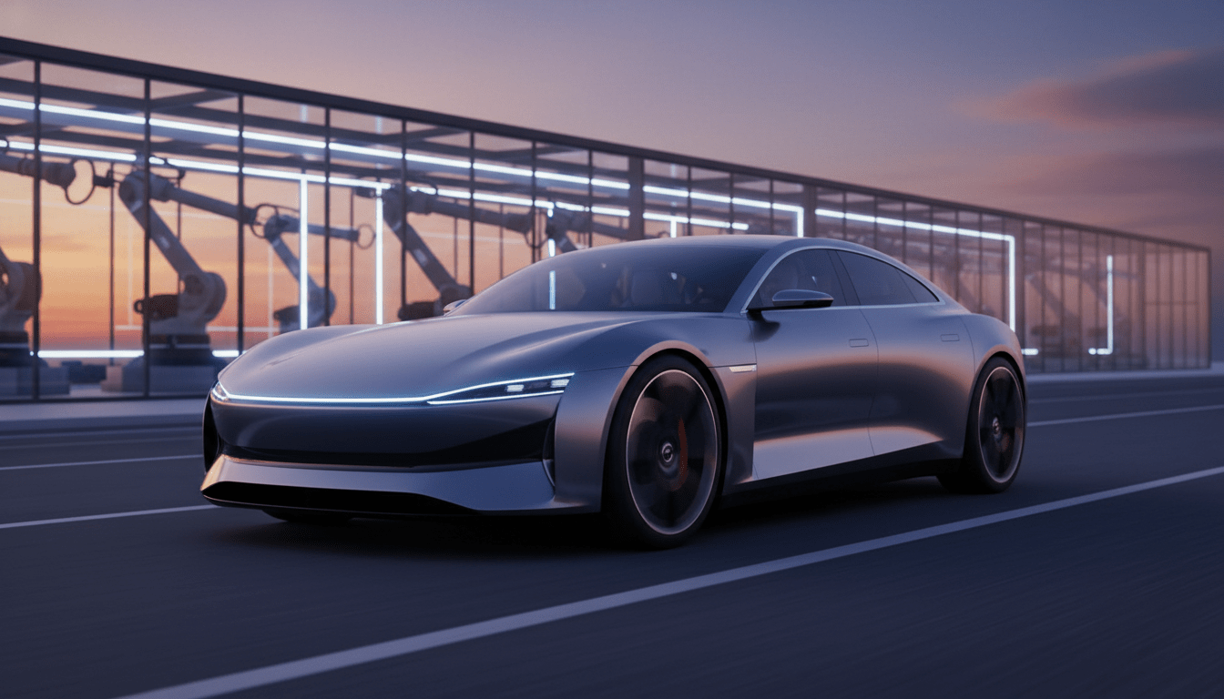 Coche eléctrico de alta gama circulando por asfalto moderno representando la innovación tecnológica y disrupción de Tesla.