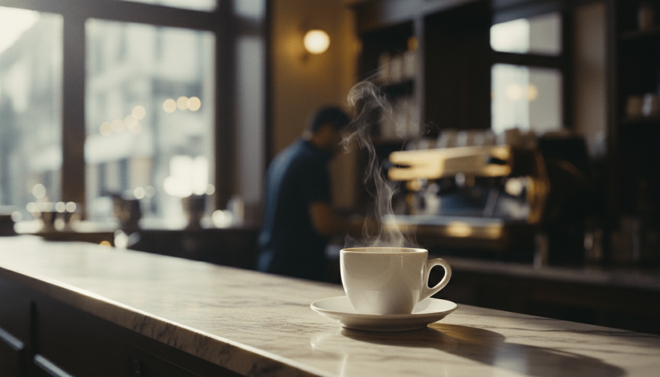 Primer plano de una taza de café humeante en una barra de mármol de una cafetería italiana tradicional, evocando la inspiración de Howard Schultz en Milán.