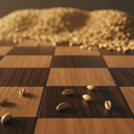 Ilustración conceptual del interés compuesto mostrando granos de trigo creciendo exponencialmente sobre un tablero de ajedrez de madera.