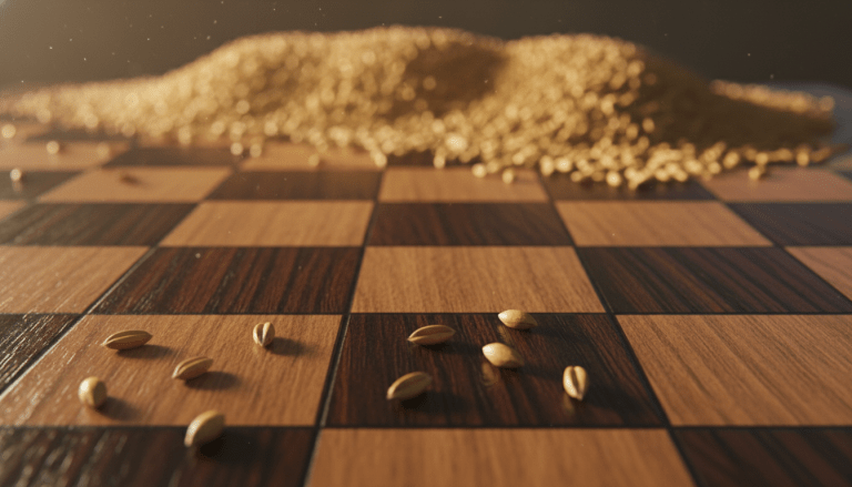 Ilustración conceptual del interés compuesto mostrando granos de trigo creciendo exponencialmente sobre un tablero de ajedrez de madera.