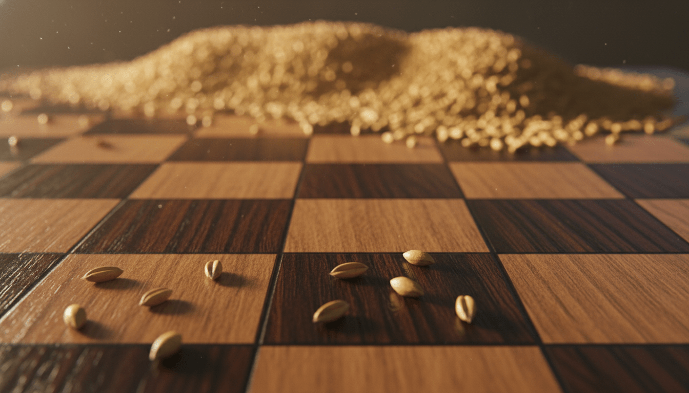 Ilustración conceptual del interés compuesto mostrando granos de trigo creciendo exponencialmente sobre un tablero de ajedrez de madera.