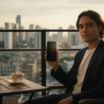 Persona joven en Latinoamérica utilizando una aplicación móvil para invertir en mercados financieros globales desde un balcón urbano al atardecer.