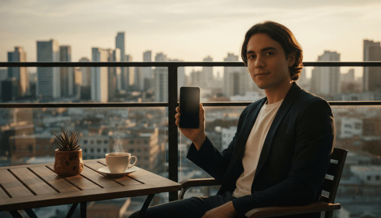 Persona joven en Latinoamérica utilizando una aplicación móvil para invertir en mercados financieros globales desde un balcón urbano al atardecer.