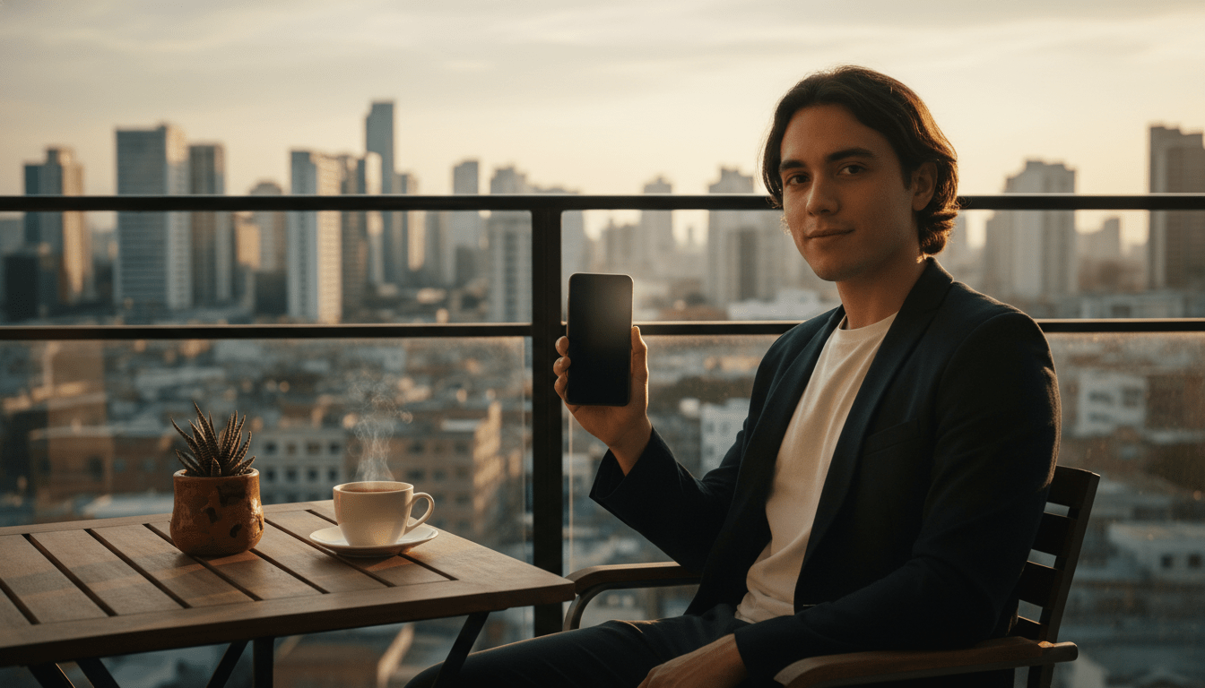 Persona joven en Latinoamérica utilizando una aplicación móvil para invertir en mercados financieros globales desde un balcón urbano al atardecer.