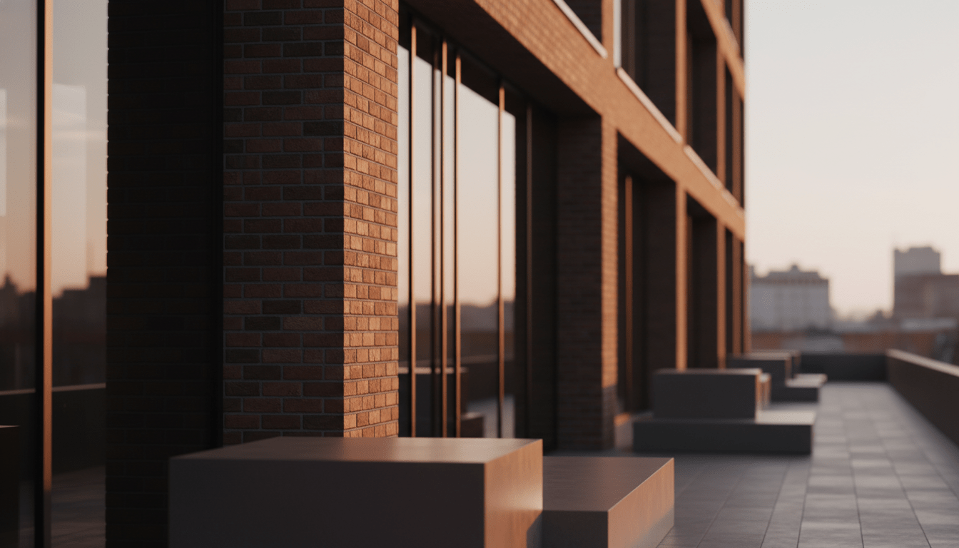 Arquitectura moderna de ladrillo visto al atardecer representando la solidez de la inversión inmobiliaria y el flujo de caja.