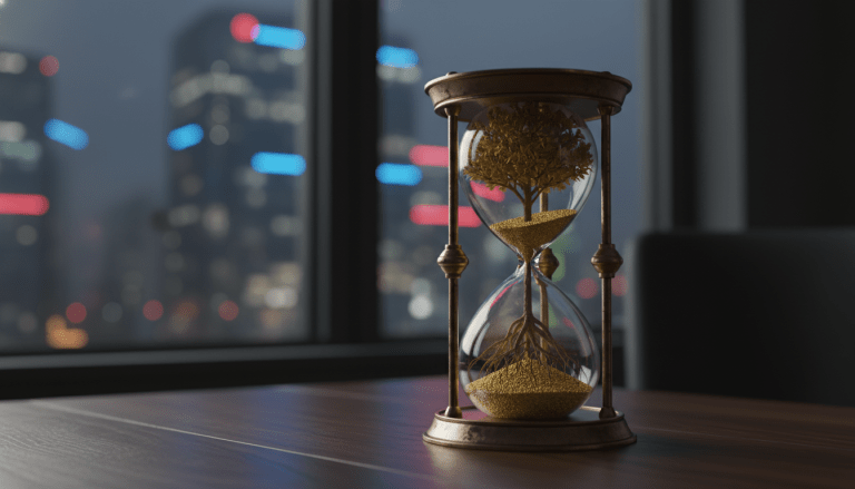 Reloj de arena con partículas de oro formando un árbol en una oficina de lujo, simbolizando la inversión a largo plazo y la resistencia financiera.