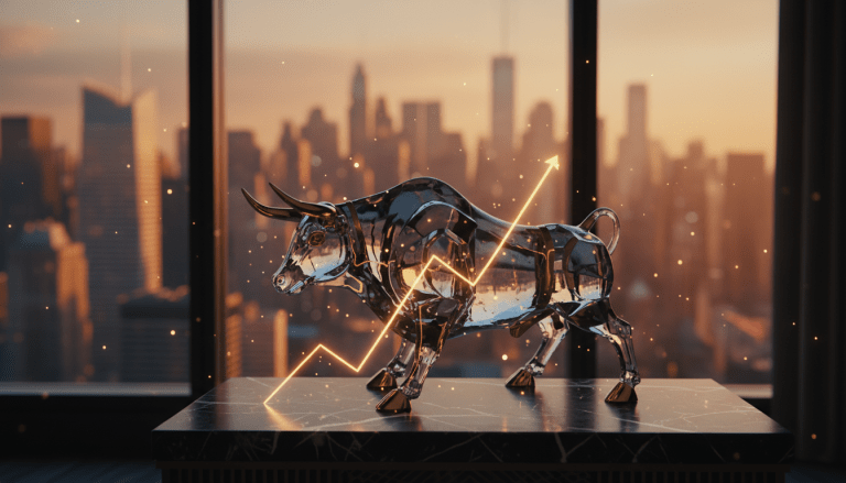 Representación visual del crecimiento del índice S&P 500 con un toro alcista y gráficas de tendencia ascendente en un entorno financiero