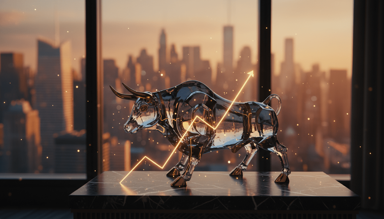 Representación visual del crecimiento del índice S&P 500 con un toro alcista y gráficas de tendencia ascendente en un entorno financiero