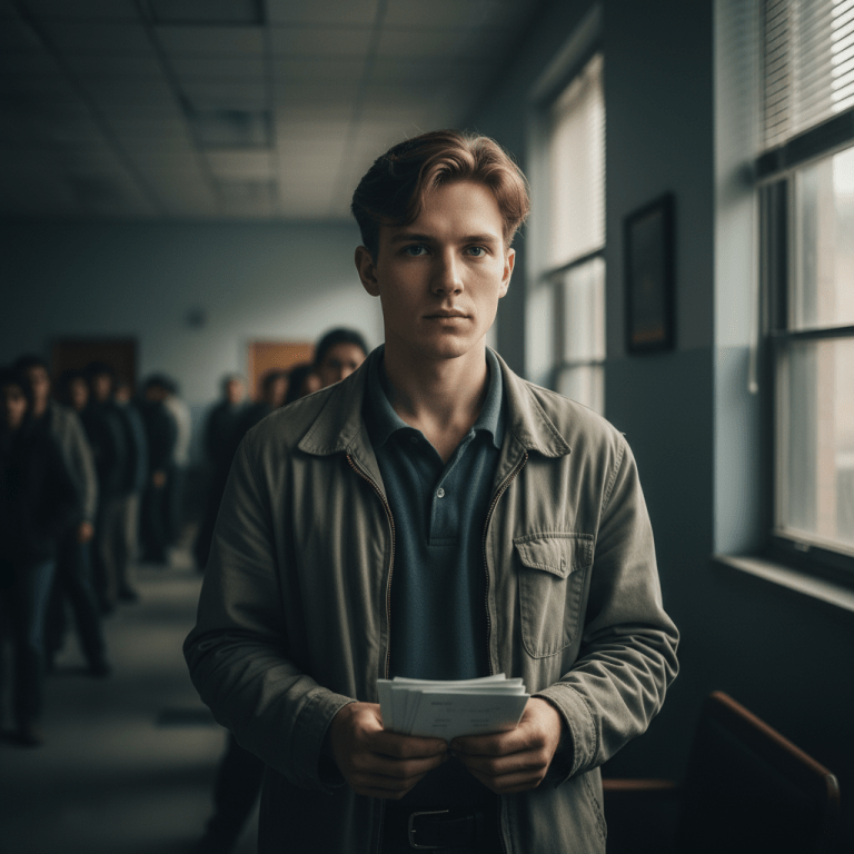 Jan Koum joven esperando en una oficina de bienestar social en California, concepto de resiliencia y orígenes de WhatsApp.