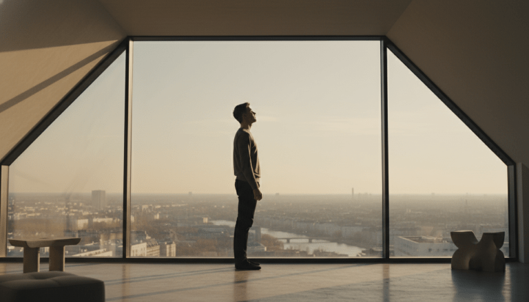 Persona relajada frente a un ventanal simbolizando el alivio psicológico de pagar deudas y la libertad financiera.