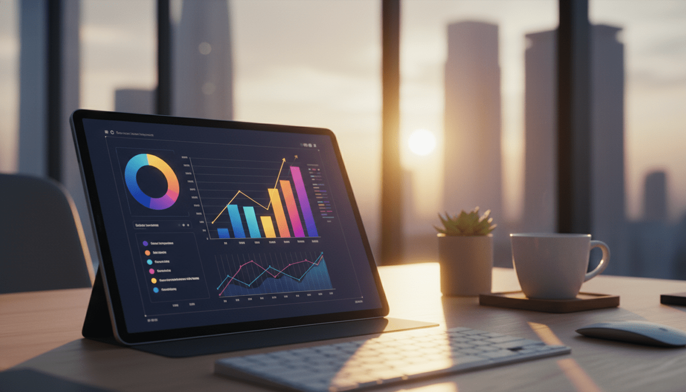 Interfaz digital de inversión automatizada mostrando gráficos de crecimiento financiero en un entorno de oficina moderno.
