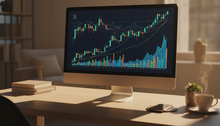 Escritorio moderno con monitor mostrando gráficos de crecimiento financiero y herramientas digitales para aprender finanzas personales.