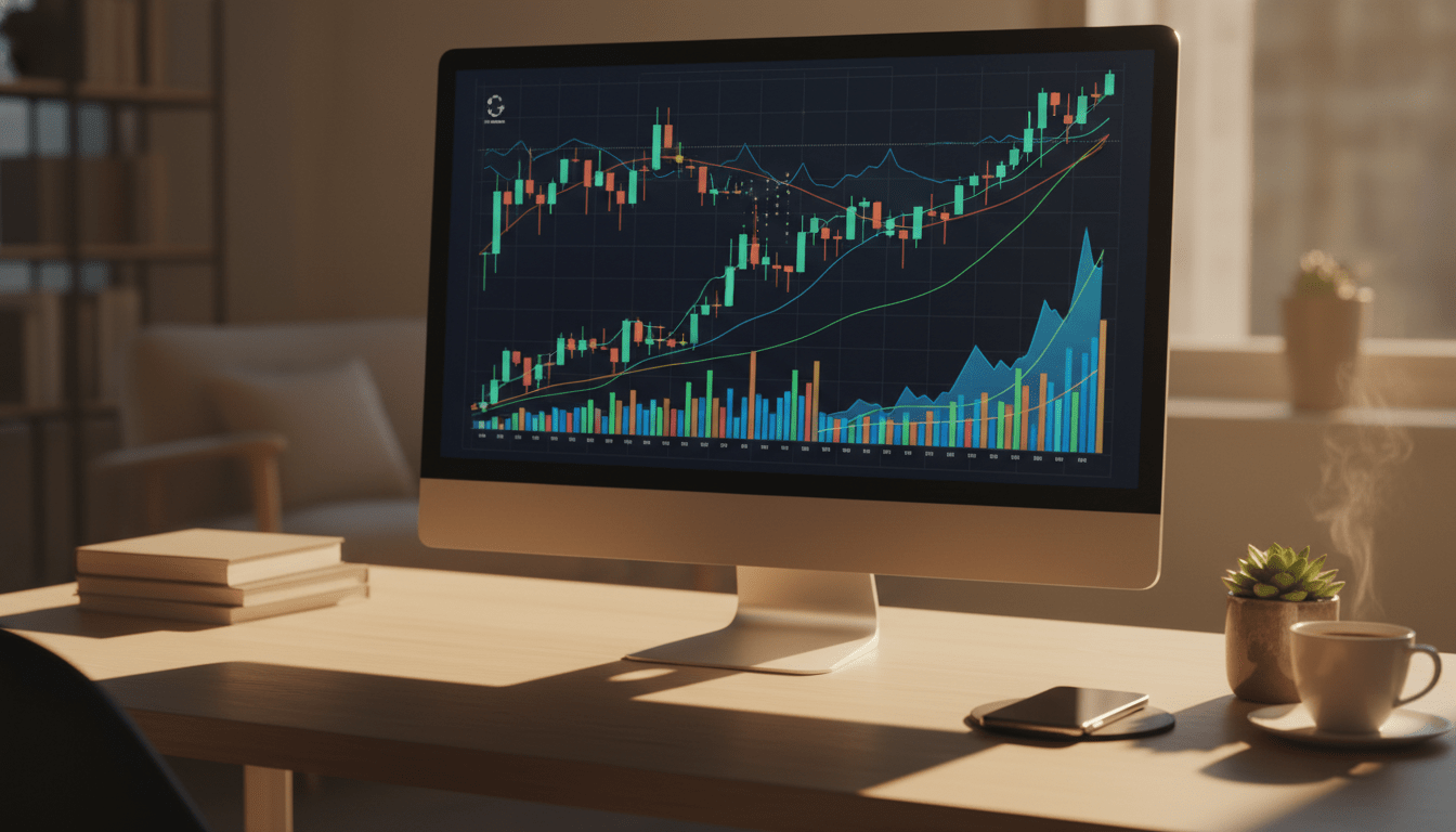 Escritorio moderno con monitor mostrando gráficos de crecimiento financiero y herramientas digitales para aprender finanzas personales.