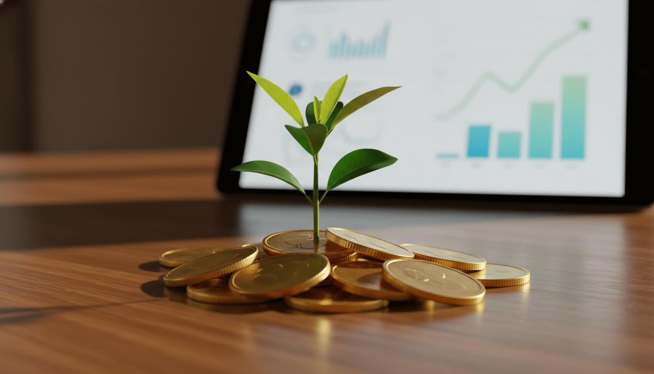 Primer plano de una planta creciendo entre monedas de oro sobre un escritorio elegante, representando el crecimiento de cuentas de ahorro de alto rendimiento en 2026.