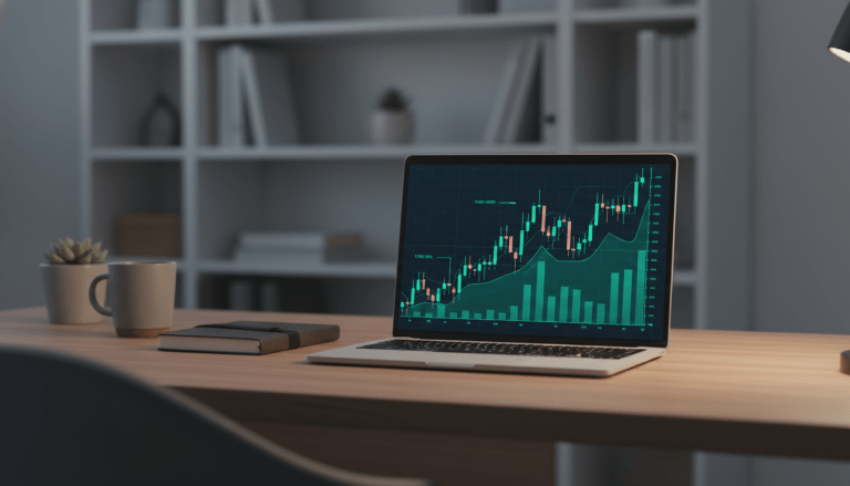 Persona estudiando cursos de inversión en línea con gráficos financieros en una laptop sobre escritorio moderno.