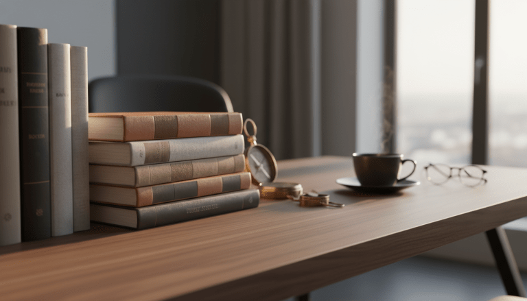 Colección de libros sobre escritorio de madera con brújula y café representando la guía para el éxito empresarial