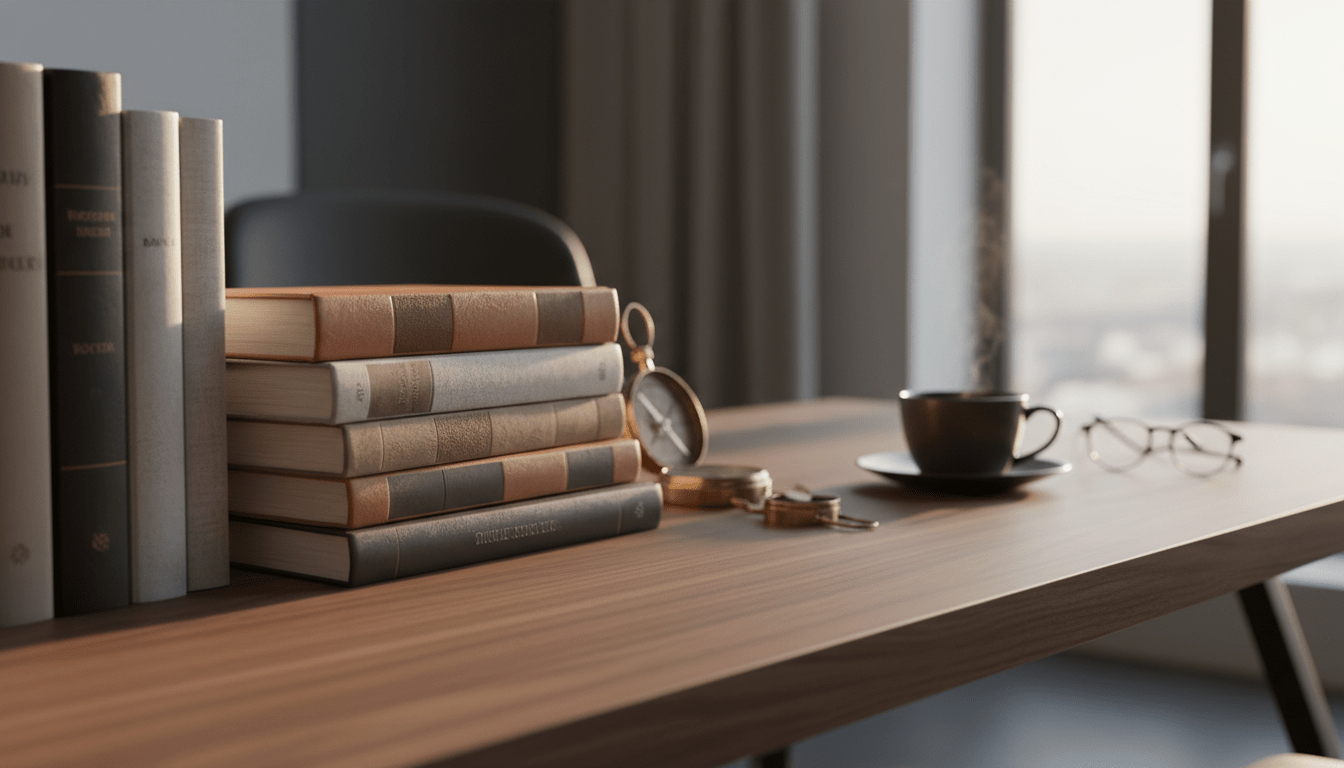 Colección de libros sobre escritorio de madera con brújula y café representando la guía para el éxito empresarial