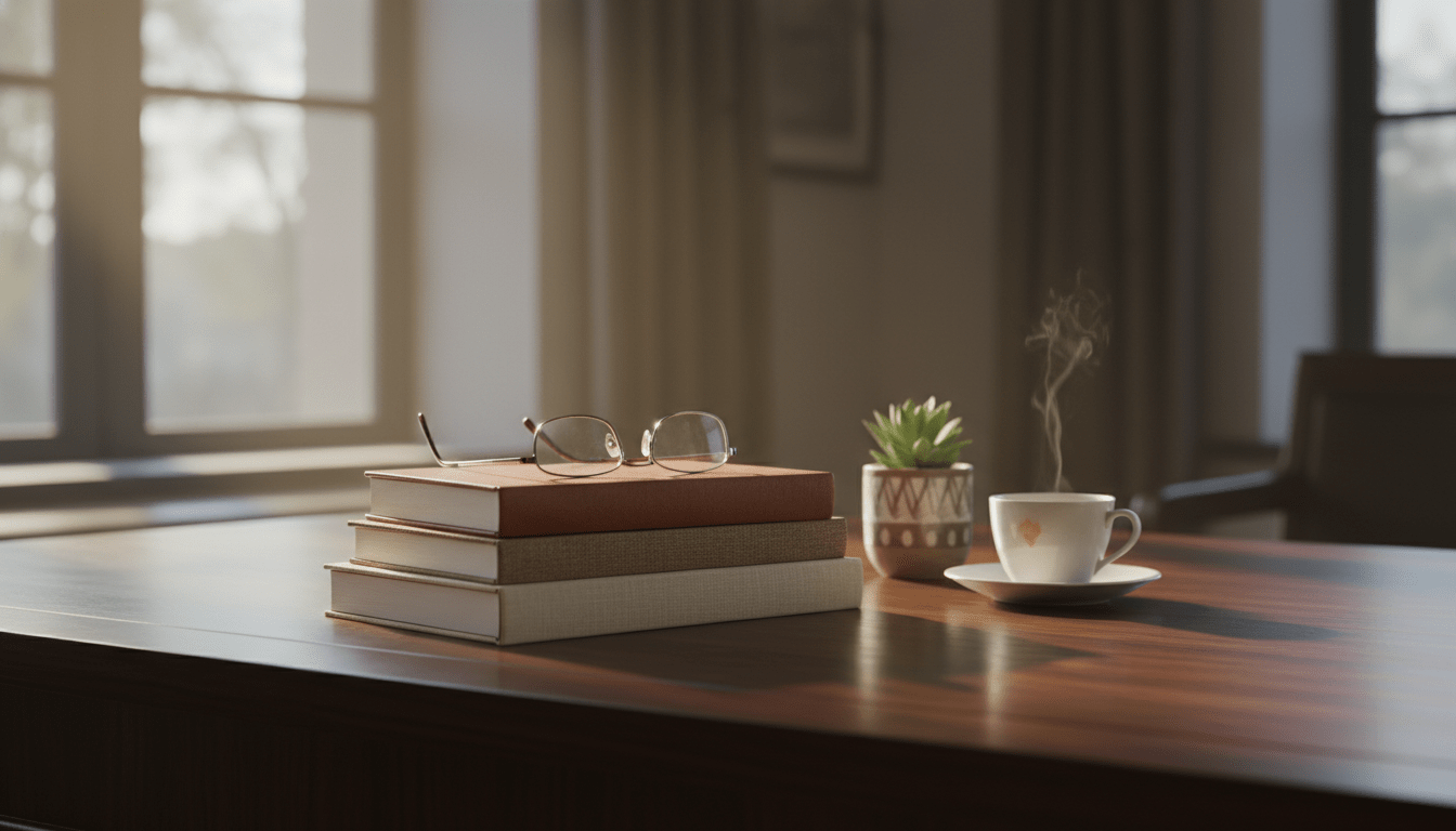 Libros de finanzas personales y gafas sobre escritorio de madera iluminado por luz natural, simbolizando la educación financiera y el éxito.