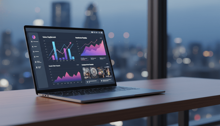 Interfaz de gestión de tienda online moderna en un portátil sobre escritorio elegante para e-commerce 2025.