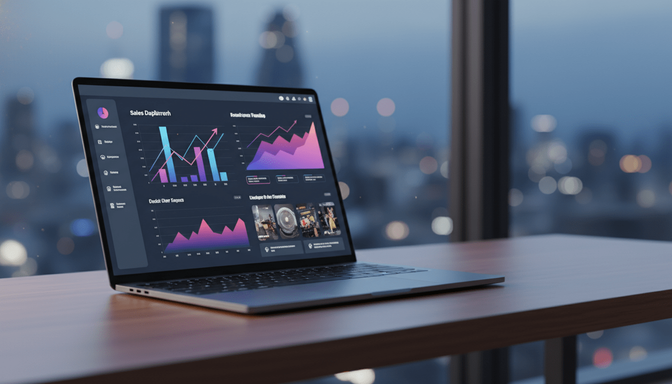 Interfaz de gestión de tienda online moderna en un portátil sobre escritorio elegante para e-commerce 2025.