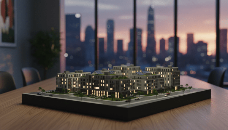 Maqueta de desarrollo inmobiliario moderno representando la inversión en plataformas de crowdfunding inmobiliario.