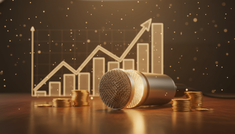Micrófono profesional de podcast con gráficas de inversión ascendentes y monedas de oro simbolizando el éxito financiero.