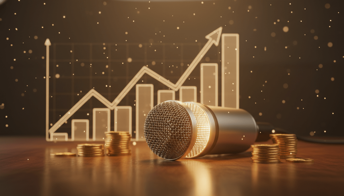 Micrófono profesional de podcast con gráficas de inversión ascendentes y monedas de oro simbolizando el éxito financiero.