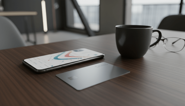 Tarjeta de crédito premium sobre escritorio de madera junto a smartphone con gráficas, concepto de ahorro y finanzas inteligentes sin comisiones.