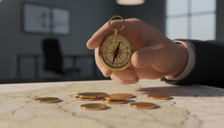 Primer plano de una brújula clásica sobre un escritorio con monedas, simbolizando la dirección financiera y metas SMART.